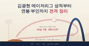 마운드에서 출발한 야구공 실밥 궤적이 세인트루이스 게이트웨이 아치를 돌아 다시 KBO로 돌아오는 일러스트 위에 '김광현 메이저리그 성적부터 연봉·부인까지 전격 정리' 제목과 MLB 10승 7패·평균자책점 2.97 성적이 적힌 이미지입니다.